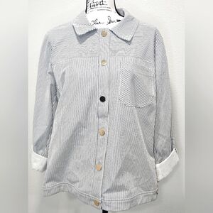Chico’s Blue & White Striped Indigo Snap Front Jacket Roll Tab Sleeves, SZ 3 NWT